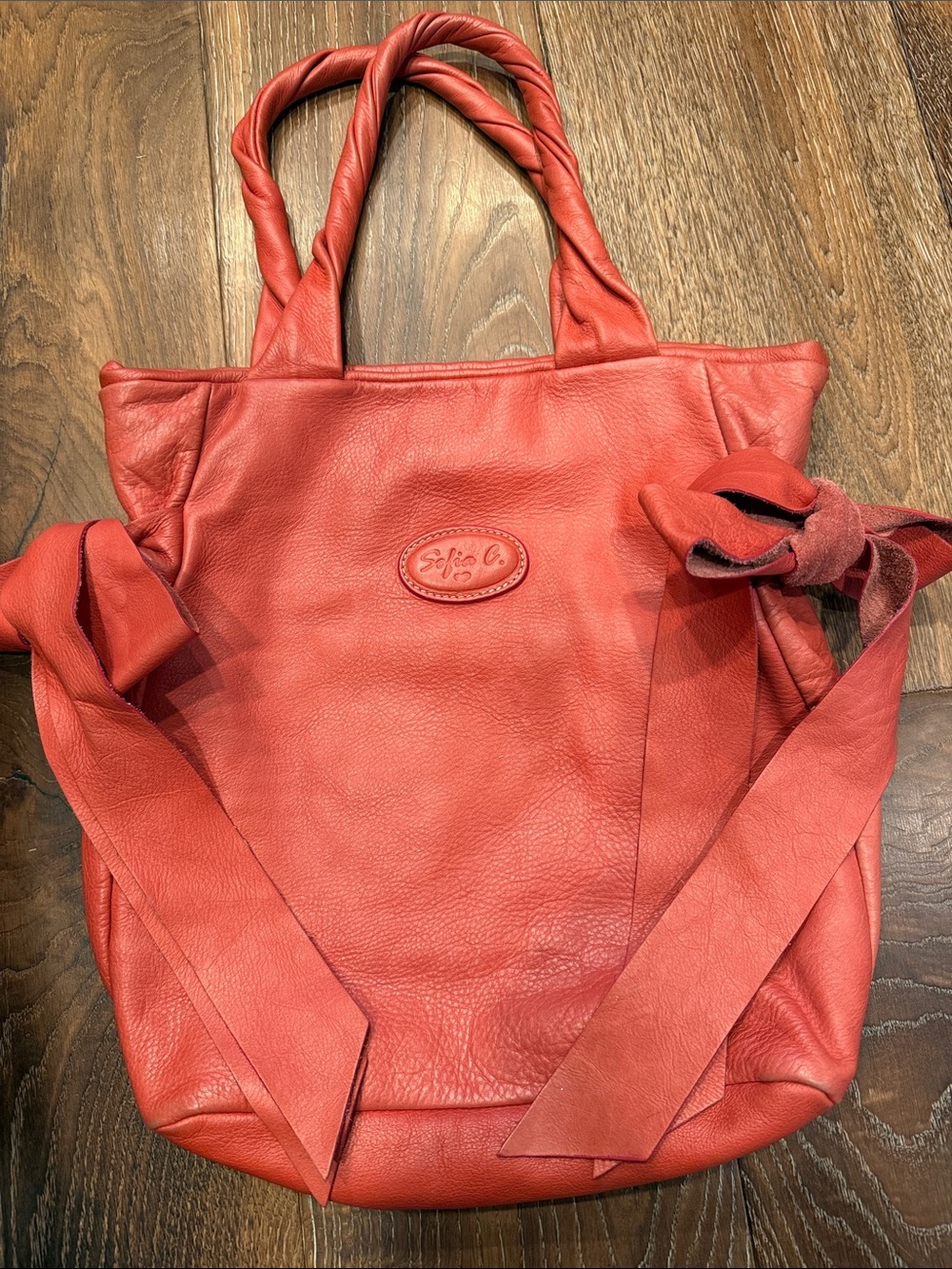 Soft Red Leather Shoulder Tote with Twisted Handles